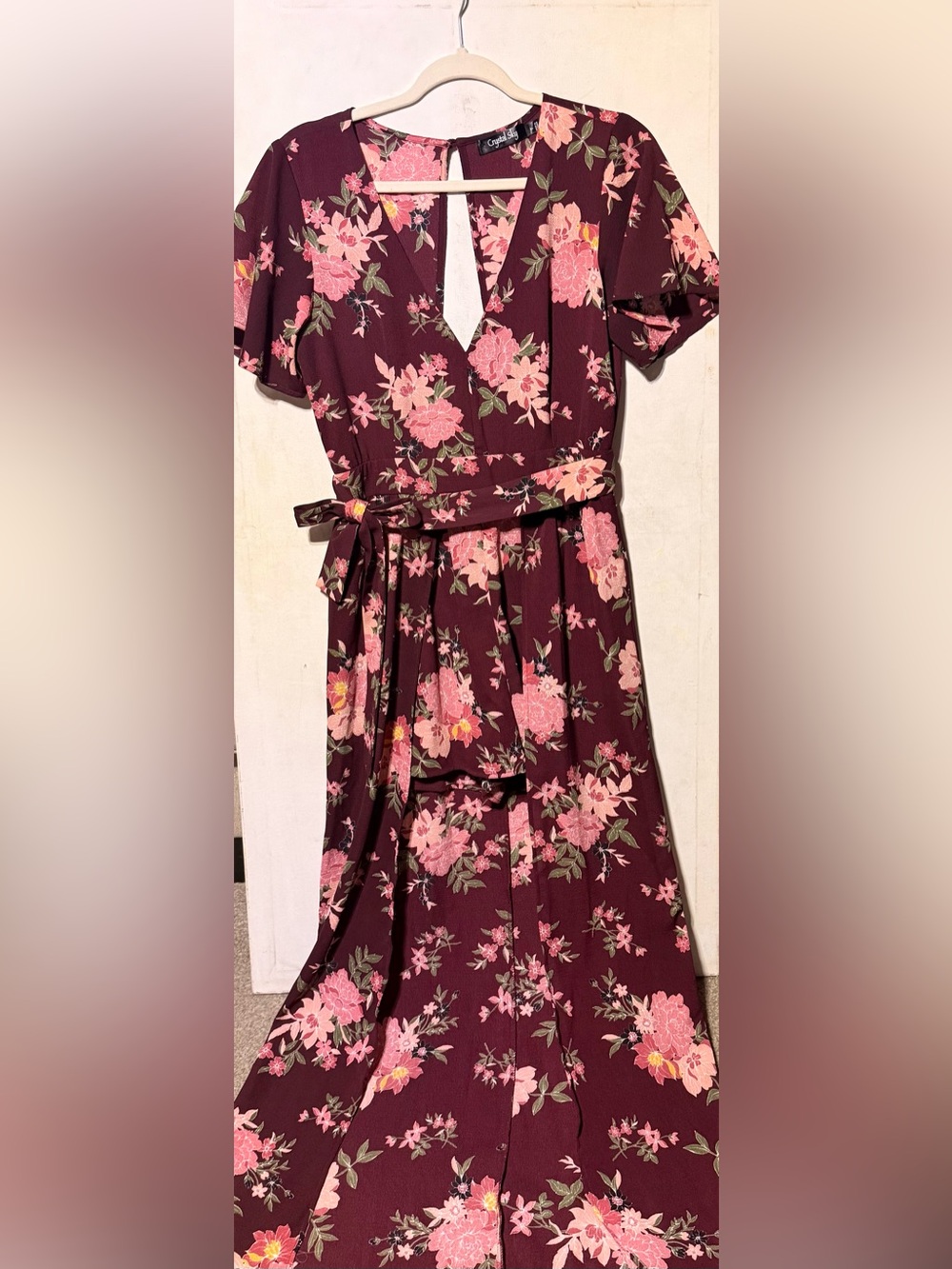Women's Floral Wrap Romper Crystal Sky Size-7 in Burgundy and Pink